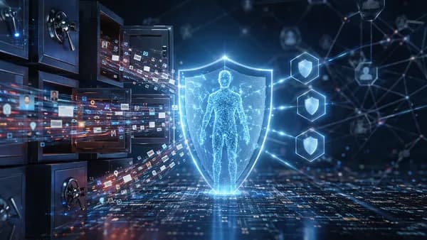 Digital silhouette protected by shields and locks as personal data streams are blocked from brokers.