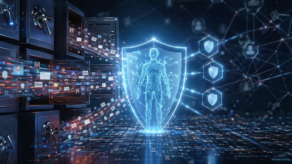 Digital silhouette protected by shields and locks as personal data streams are blocked from brokers.