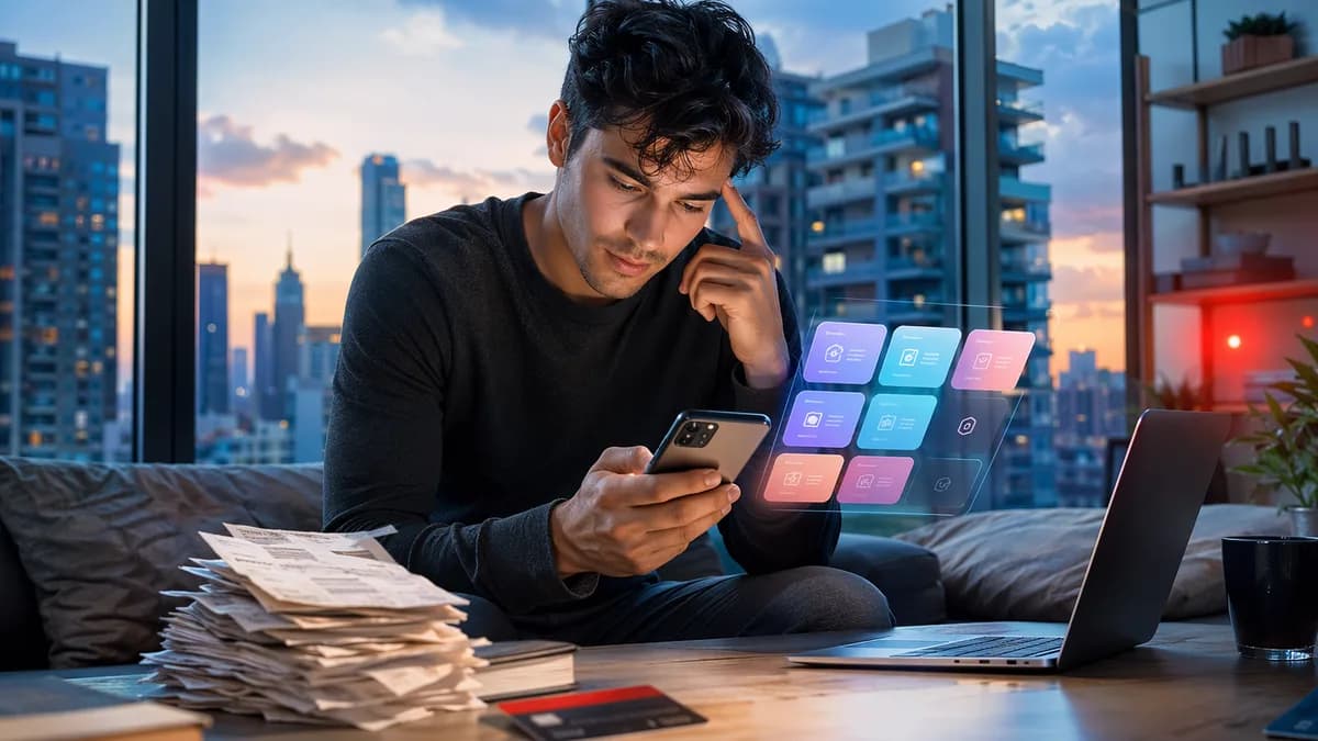 Renter using a payment app in an apartment, with city housing and debt risk visuals.
