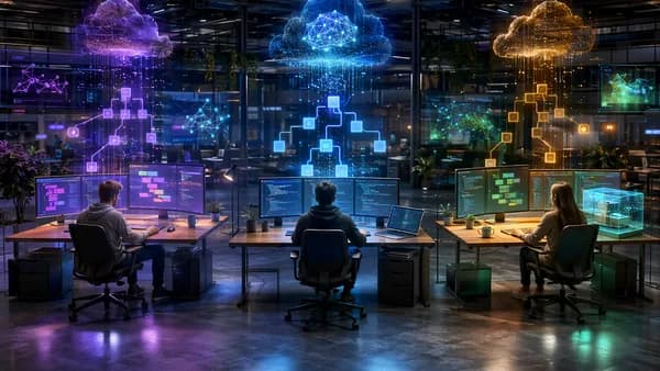 Futuristic cloud IDE workspace with AI networks, Git branches, and fast browser-based coding environments.