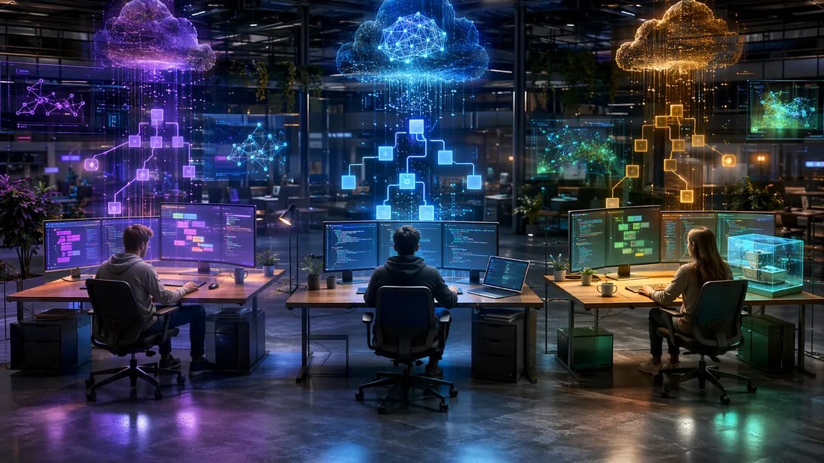 Futuristic cloud IDE workspace with AI networks, Git branches, and fast browser-based coding environments.