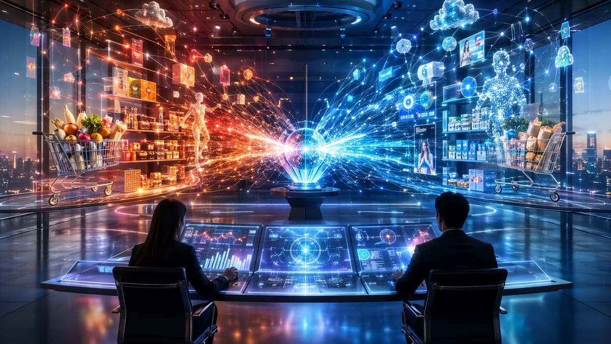 Futuristic retail data hub showing competing shopper insights, AI networks, ads, and grocery data streams.