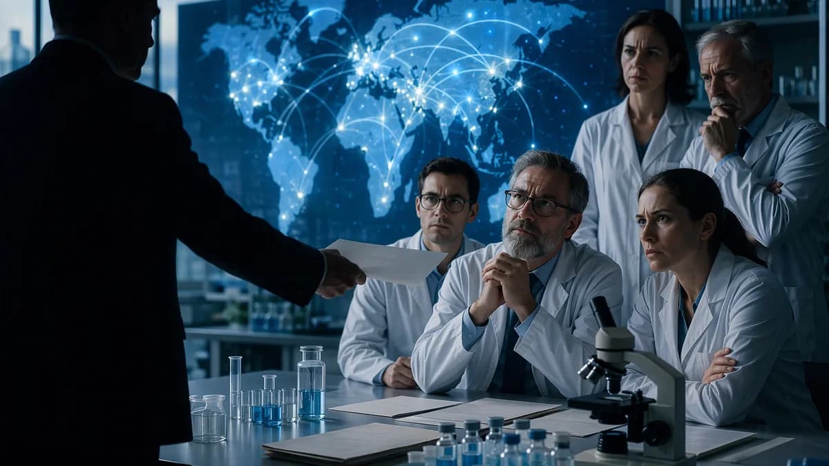Shadowed official pressures researchers over a blank scientific journal retraction scene with global map backdrop.