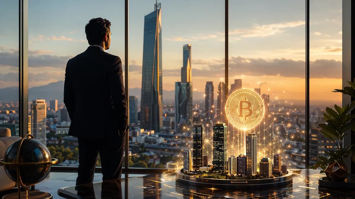 Investor overlooking Mexico City as real estate value transforms into glowing bitcoin-style digital assets