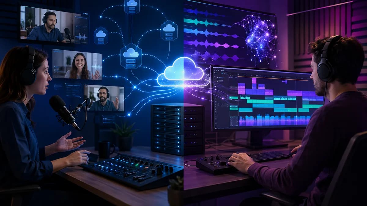 Split podcast SaaS workspace showing recording reliability versus AI editing workflow