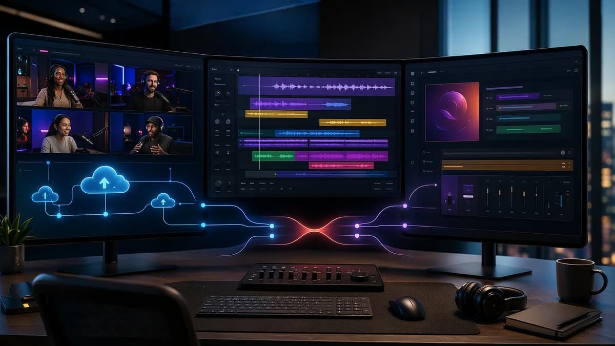 Editorial SaaS workflow dashboard comparing recording, editing, and podcast production bottlenecks