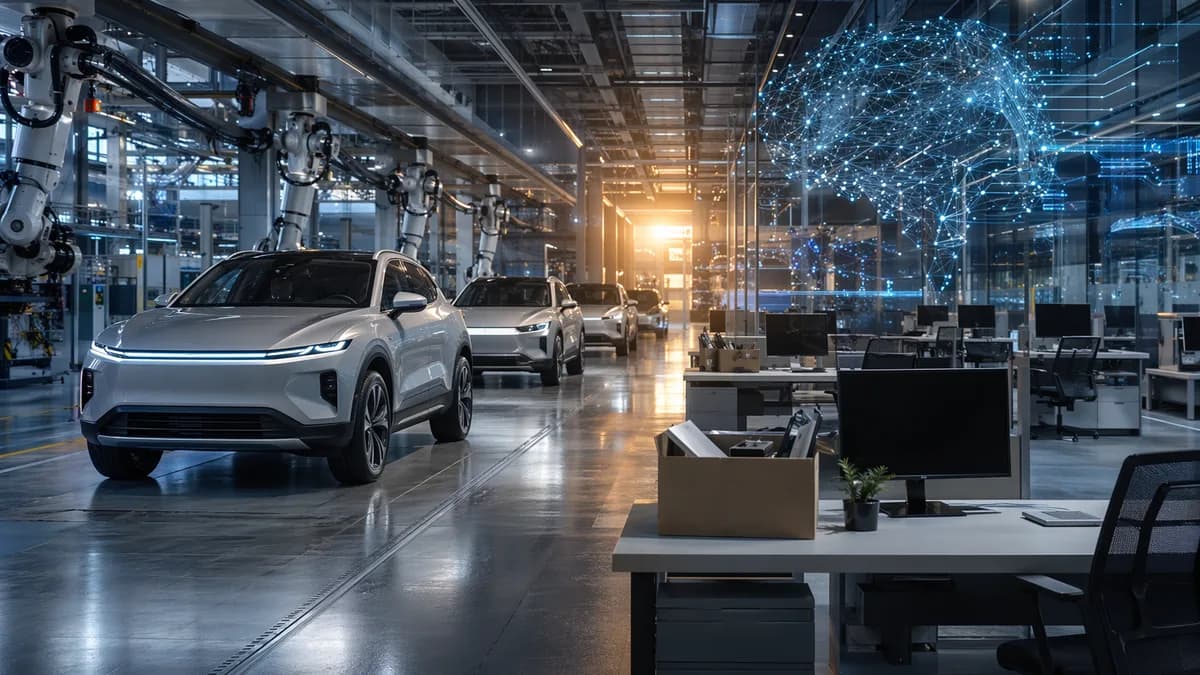 Unbranded EV factory with empty workstations suggesting Rivian layoffs after new vehicle deliveries