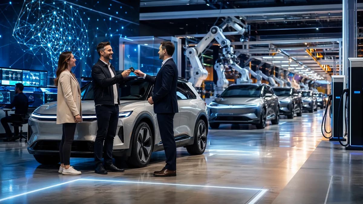 Unbranded electric SUV delivery scene inside a futuristic automated production hub.