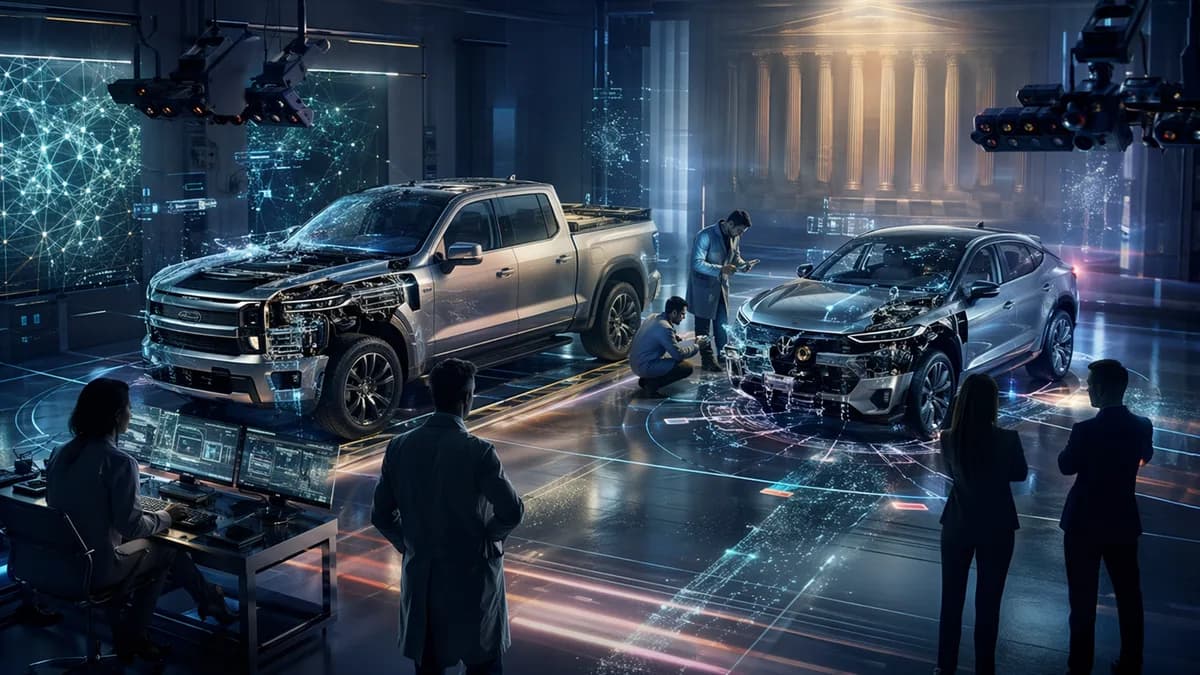 Generic electric trucks in a tech bay with fading self-driving visuals and concerned owners.
