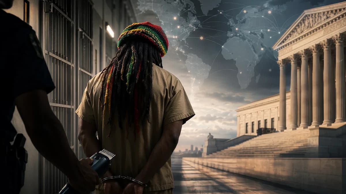 Symbolic prison and courthouse scene with Rastafarian man, dreadlocks, and global map backdrop.