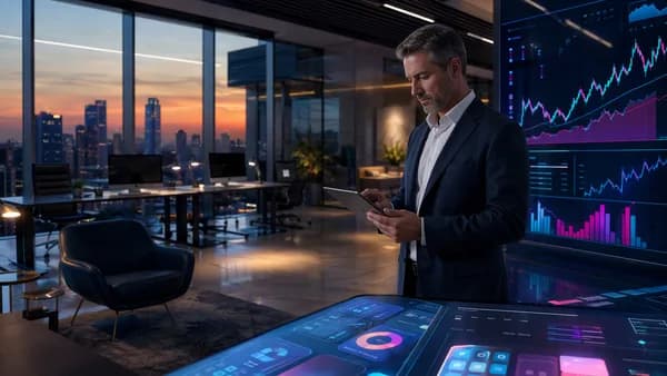 Sleek fintech office with empty desks and digital finance dashboards, suggesting disciplined staff cuts.