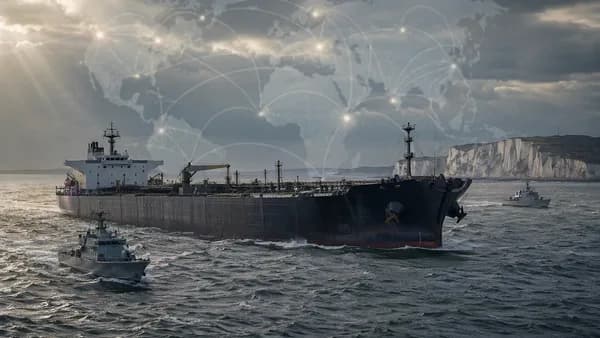 Shadow fleet tanker in the English Channel with patrol silhouettes and global map connections.