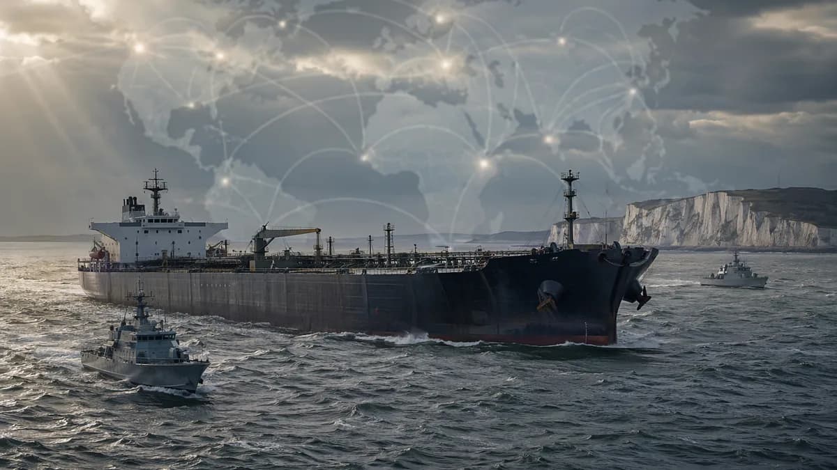 Shadow fleet tanker in the English Channel with patrol silhouettes and global map connections.