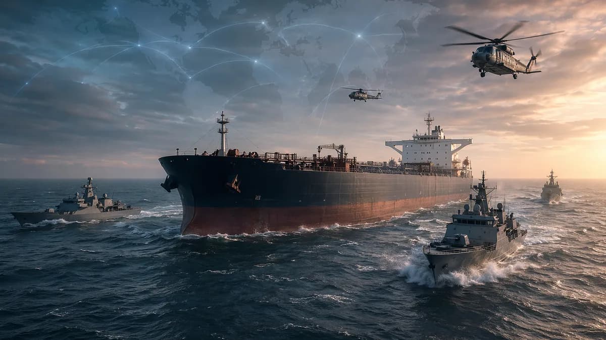 Unmarked oil tanker escorted by naval vessels in the English Channel with global map overlay