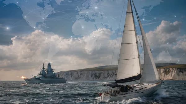 Naval frigate near yacht in tense English Channel scene with global map overlay