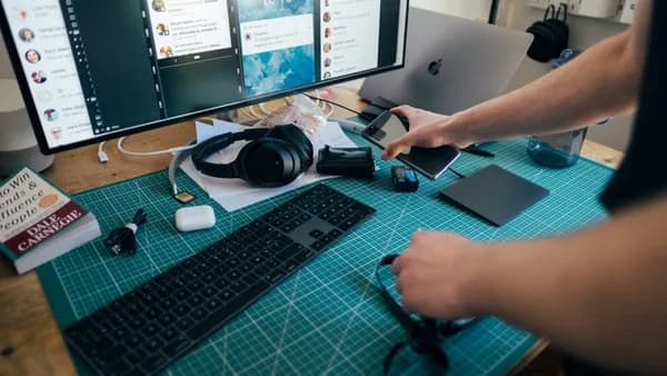 person using computer on table