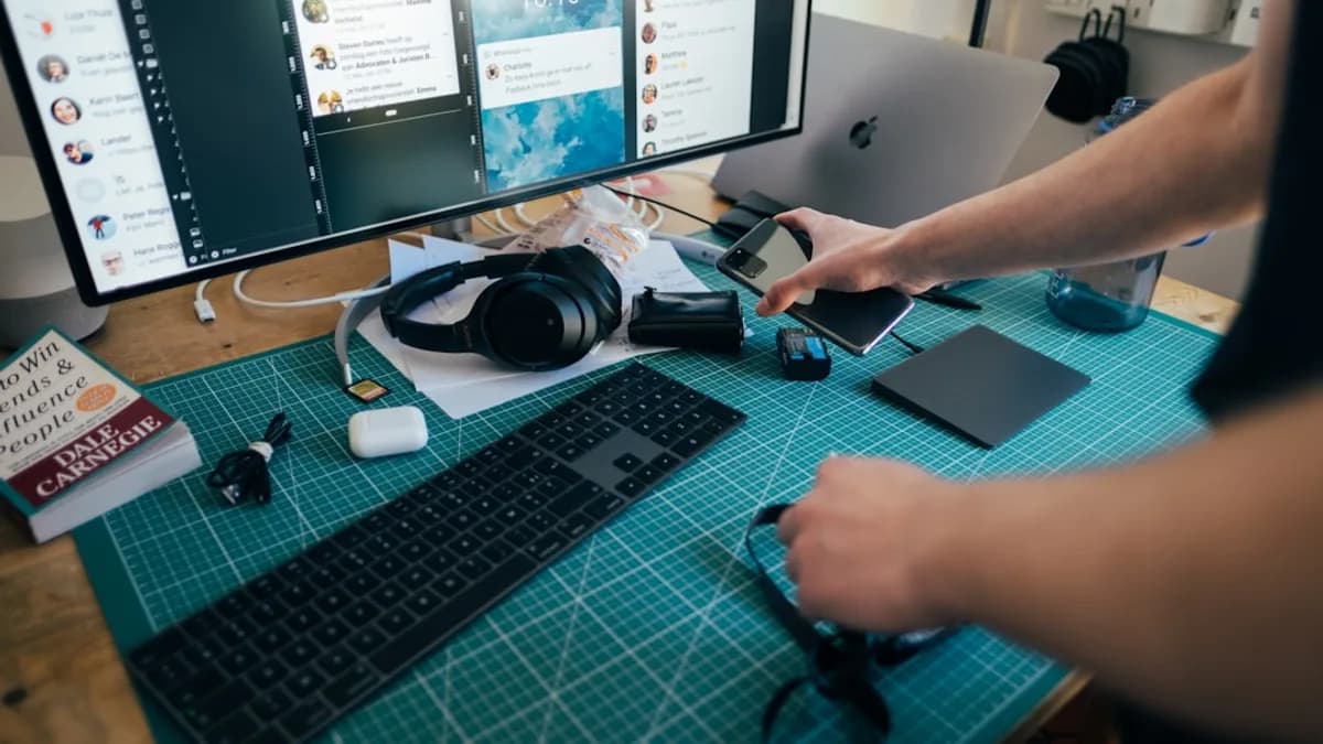 person using computer on table