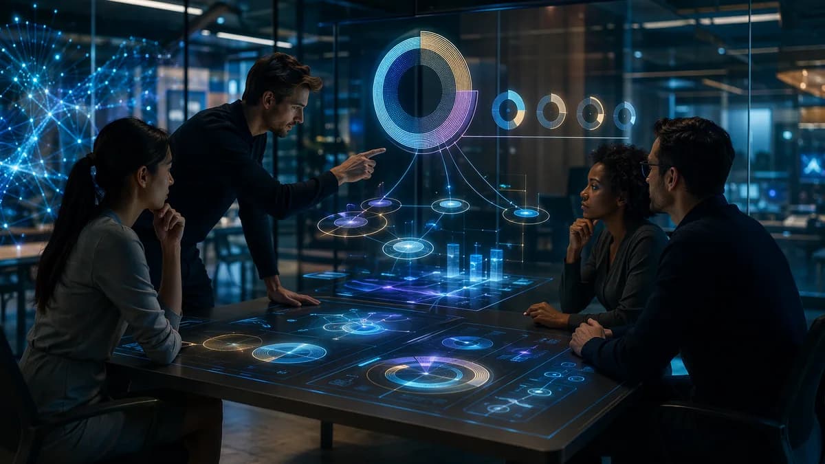 Founders review abstract SAFE dilution visuals in a futuristic startup workspace.