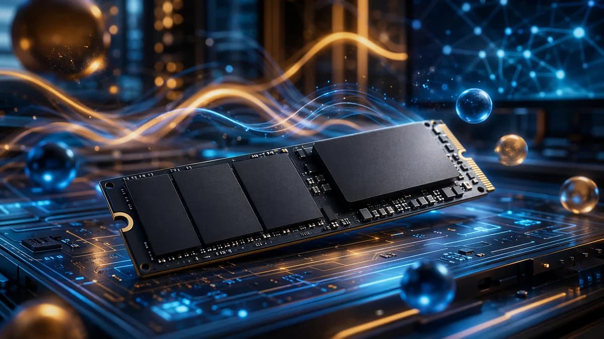 Premium NVMe SSD on a futuristic circuit-board workstation with abstract online sale visuals.