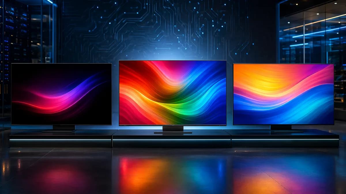 Three premium TVs compared in a futuristic lab, with the center display highlighted for color and contrast.
