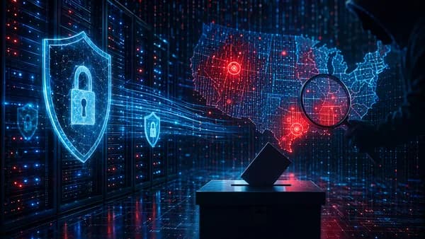 Dark cybersecurity scene with voter data servers, shields, locks, and glowing data streams under threat.