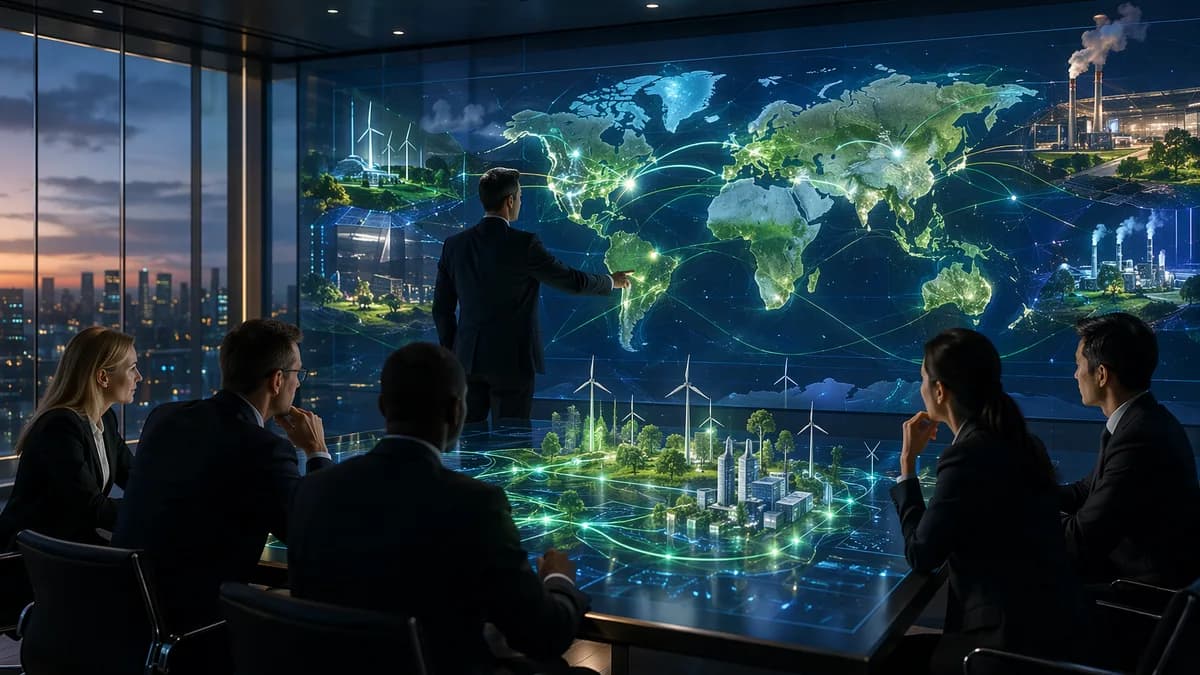 Global climate progress tracking shown through a glowing world map and corporate sustainability analysis.