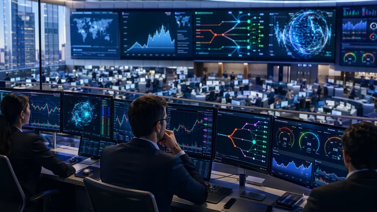 Modern trading floor with abstract prediction-market options and market charts on brokerage screens.