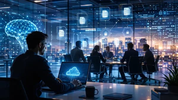 Founder workspace with secure data room visuals, investor silhouettes, neural networks, and futuristic tech screens.