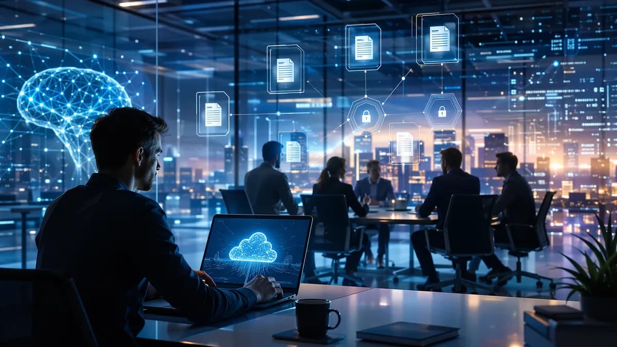 Founder workspace with secure data room visuals, investor silhouettes, neural networks, and futuristic tech screens.
