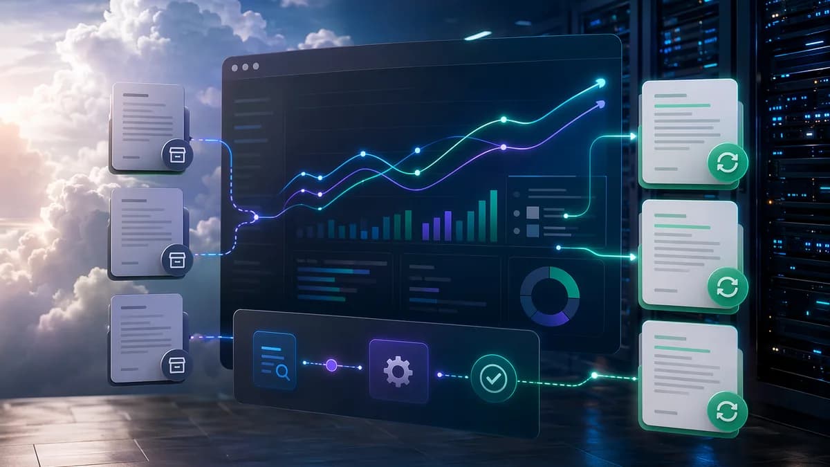 Modern SaaS dashboard showing refreshed old pages rising through abstract SEO workflow signals