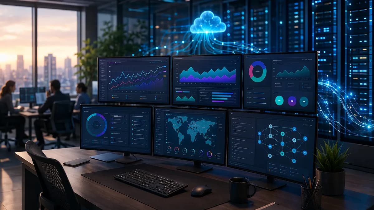 Modern SEO reporting dashboard with cloud data streams and agency workflow automation
