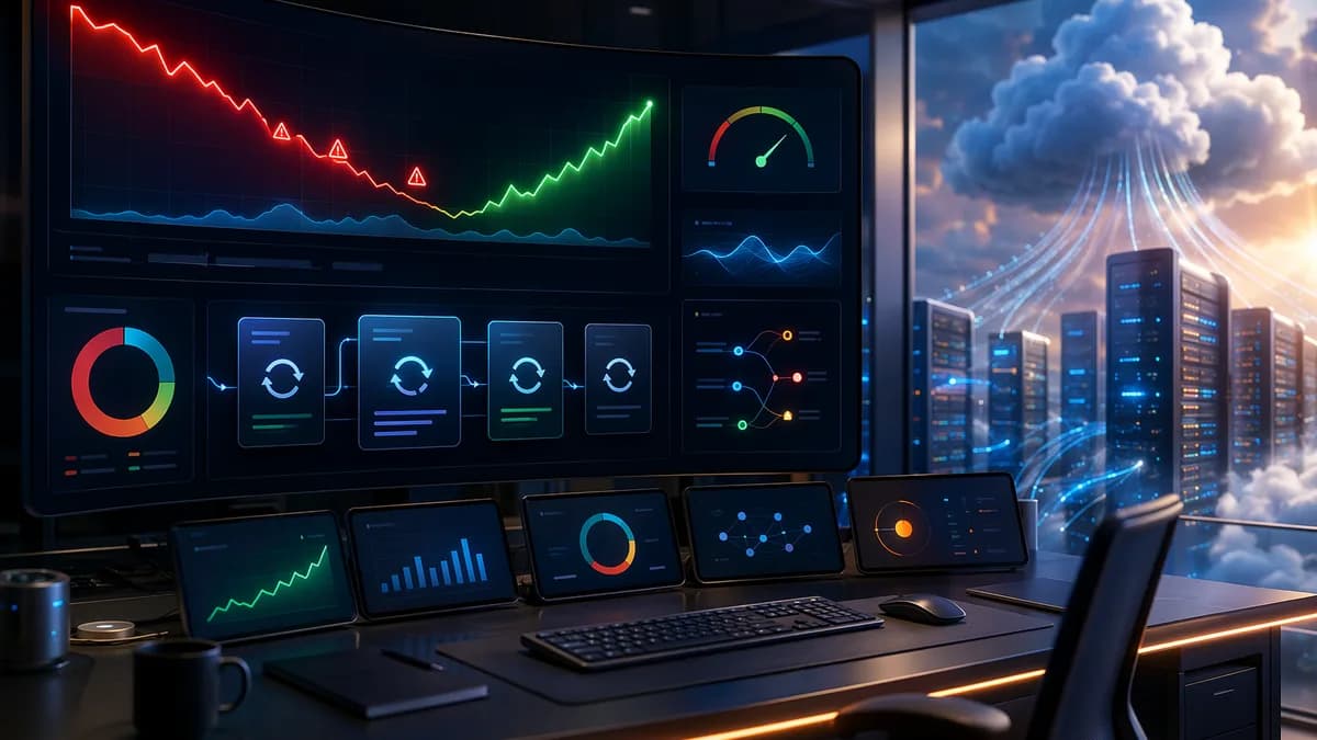 Modern SEO analytics dashboard visualizing ranking recovery, CTR leaks, and cloud SaaS optimization.