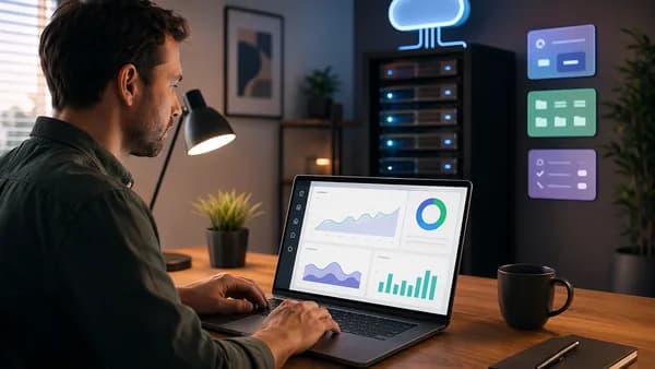 Small business owner reviewing abstract SEO dashboard with cloud SaaS tools and server infrastructure