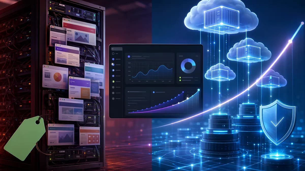 Cloud hosting and shared server racks contrasted with scaling traffic and cost-risk visuals.