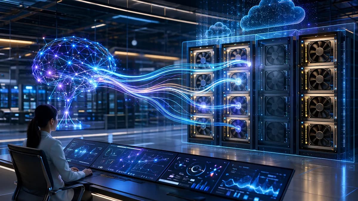 Futuristic cloud AI workspace showing efficient serverless GPU inference and reduced compute waste.