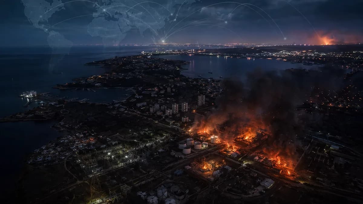 Night aerial of darkened Crimea coast with damaged infrastructure and global map overlay.