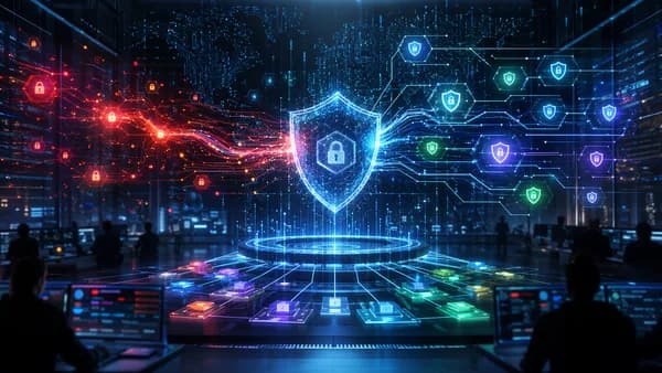 Cybersecurity dashboard turning chaotic alerts into organized shielded defense layers