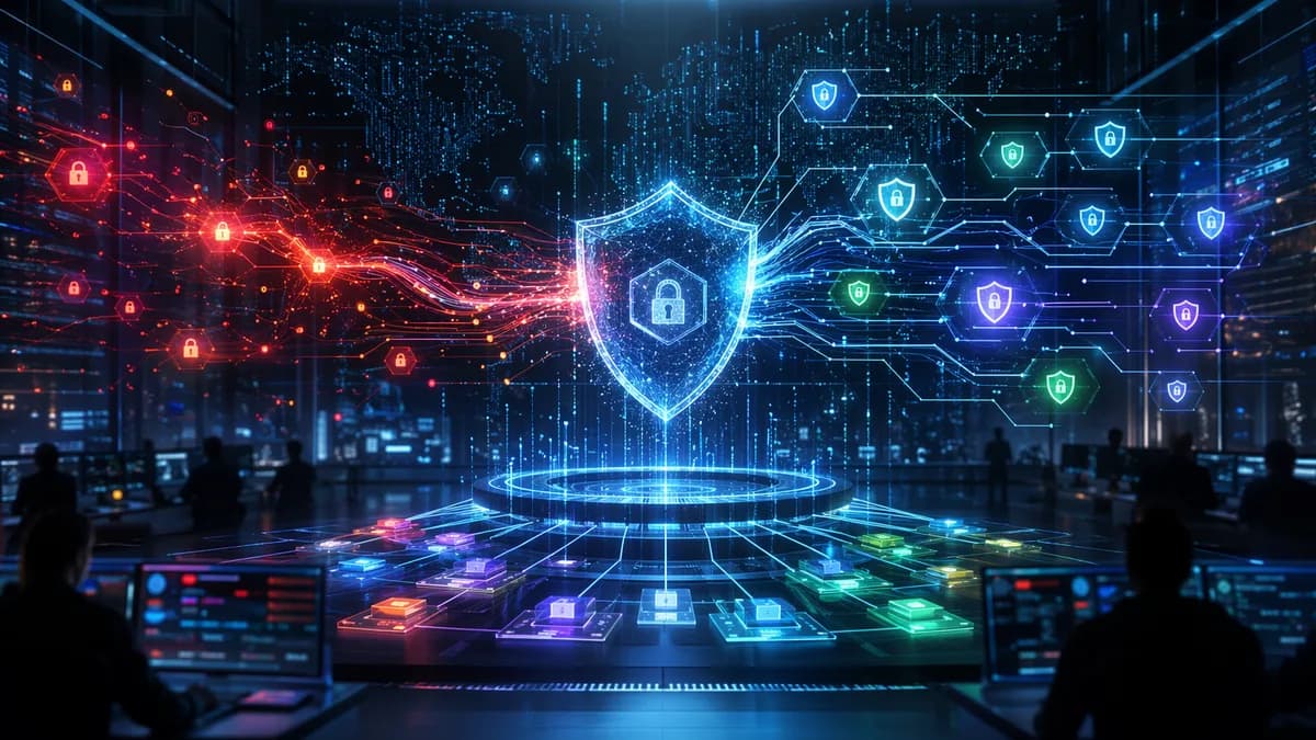 Cybersecurity dashboard turning chaotic alerts into organized shielded defense layers
