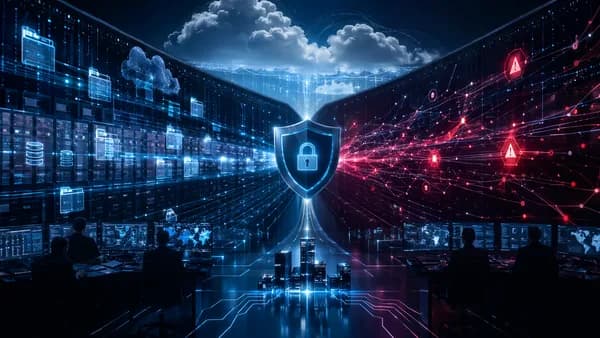 Hybrid cloud SOC with layered security, logs, threat detection, shields, locks, and encrypted data flows.