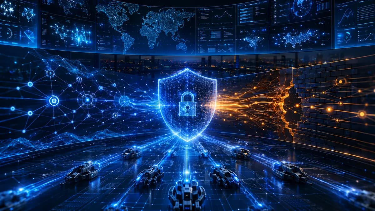 Futuristic SOC with layered detection, automation, and a glowing shield revealing a security gap
