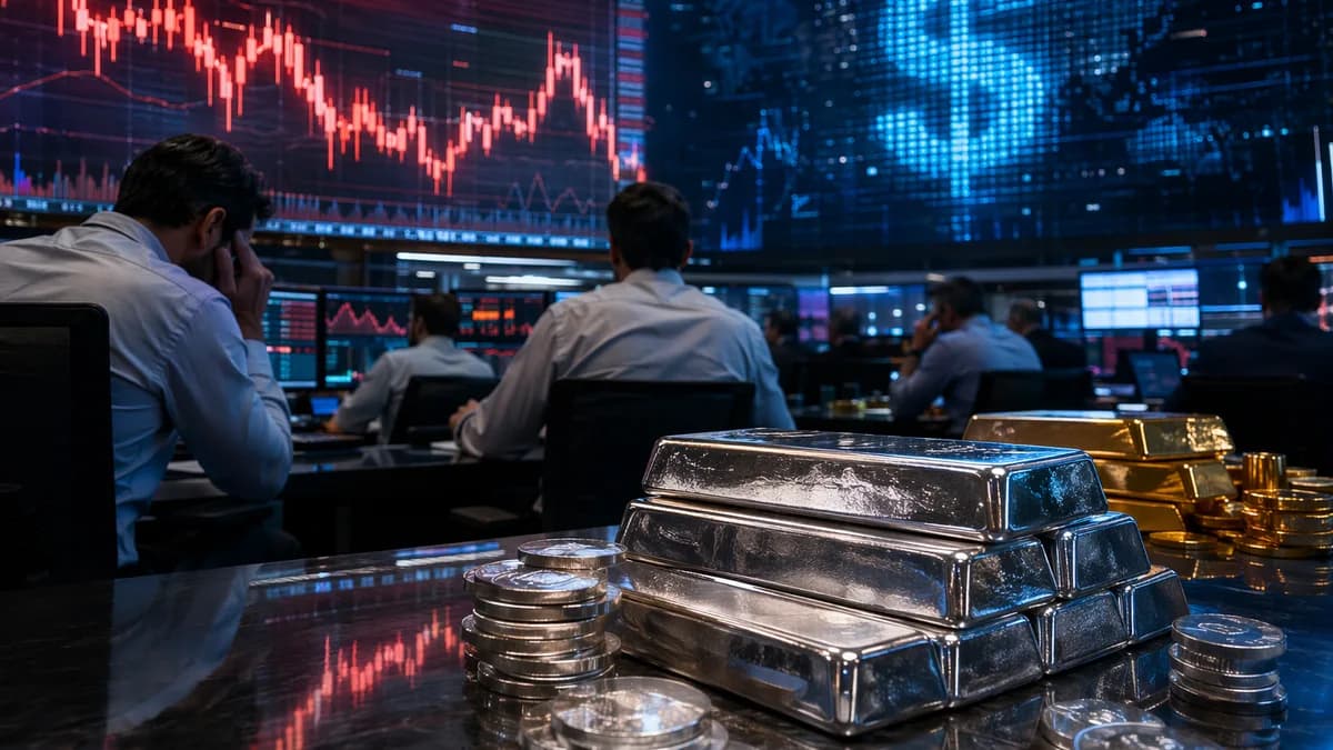 Silver bars on a trading desk with falling market charts and tense commodity market atmosphere