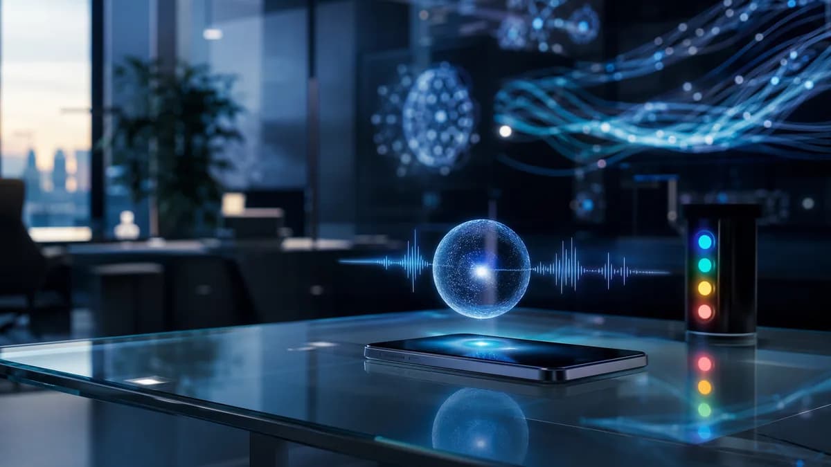 Minimal smartphone with fading AI voice orb in a sleek futuristic workspace, suggesting restrained assistant intelligence.