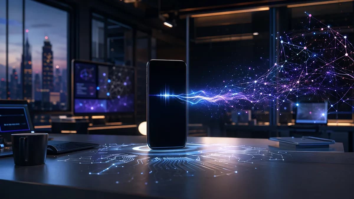 Logo-free smartphone with glowing AI voice assistant network in a futuristic tech workspace