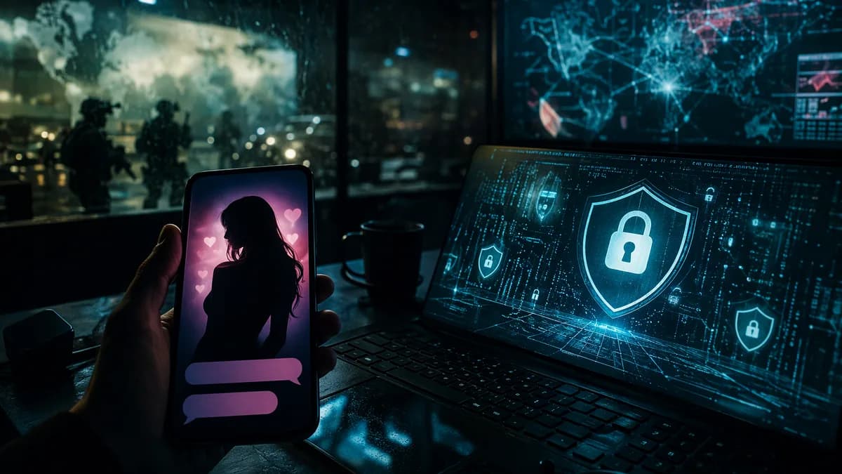 Hacker espionage scene with phone romance lure, soldiers reflected, and dark cybersecurity visuals.