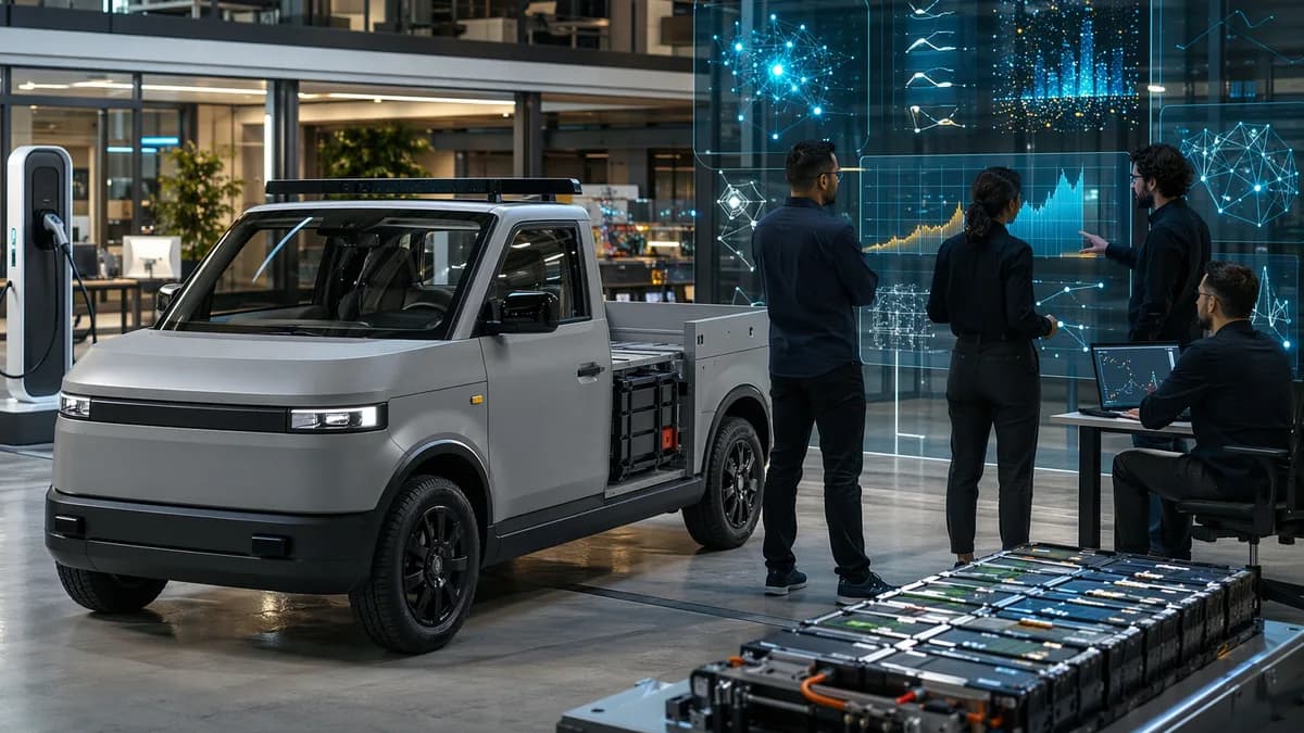 Minimalist electric pickup in a futuristic tech showroom with abstract cost and preorder visuals.