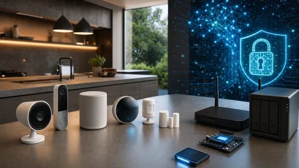 Affordable smart home gadgets in a sleek workspace with local storage and glowing network visuals.