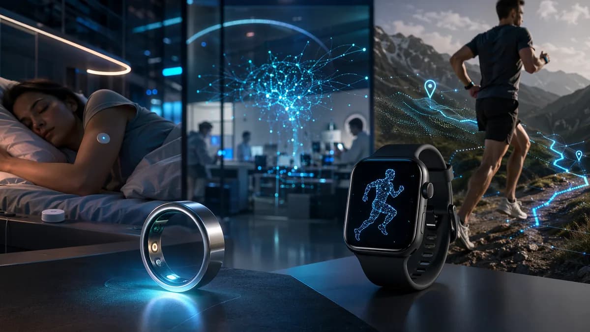 Smart ring and smartwatch compared in a futuristic tech wellness scene for sleep and fitness tracking