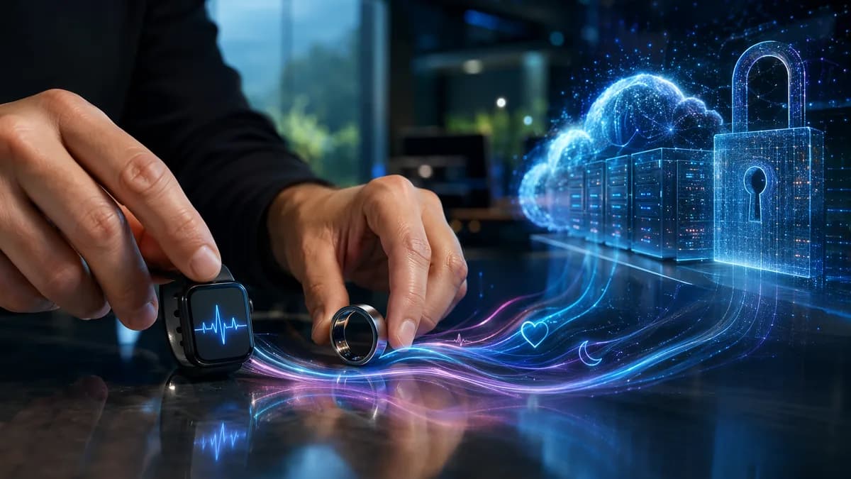 Smartwatch and smart ring sending biometric data toward a glowing privacy barrier in a futuristic workspace.