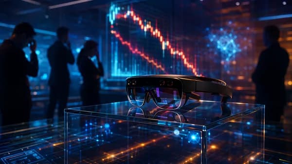 Premium AR glasses in a tech lab with falling market visuals symbolizing investor pressure