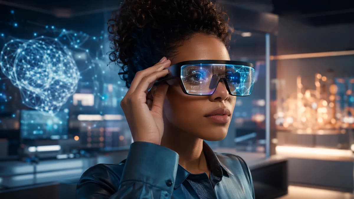 Stylish person wearing bulky AR smart glasses in a futuristic tech workspace with holographic interfaces.